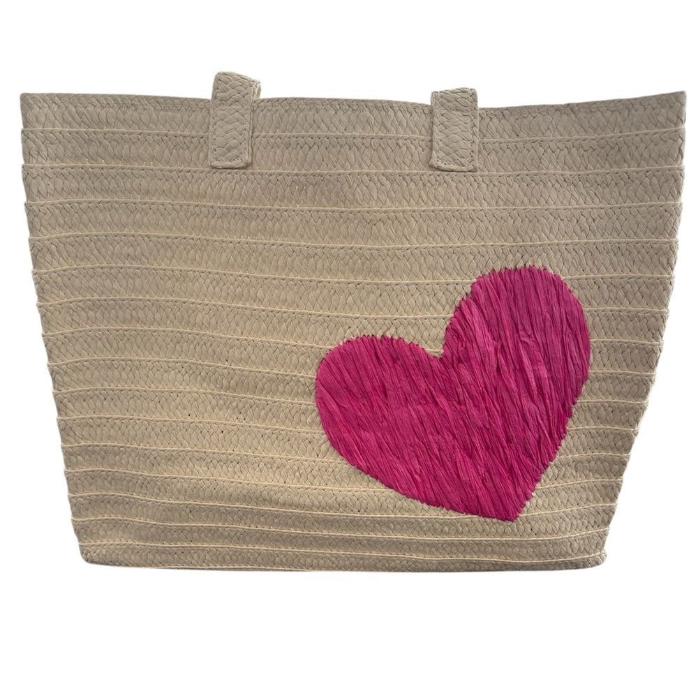 B2B Los Angeles PINK HEART EMBROIDERED OVERSIZED STRAW BEACH TOTE NWOT